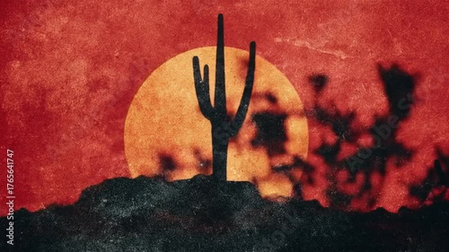 Desert sunset silhouette cactus and sun against red sky nature landscape concept