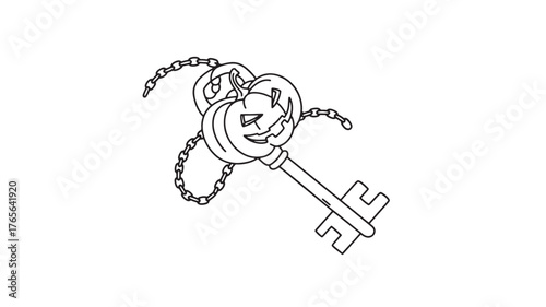 Halloween pumpkin key with chain spooky outline vector illustration for holiday design