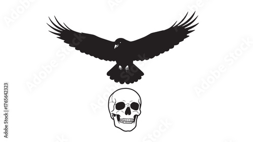 Raven flying above a skull vector illustration for gothic or Halloween themes isolated on 