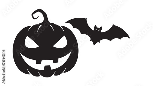 Halloween pumpkin and bat silhouette spooky vector illustration for holiday design isolate