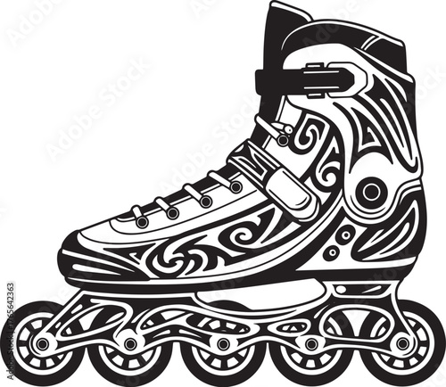 Detailed monochrome inline skate illustration with tribal graphi