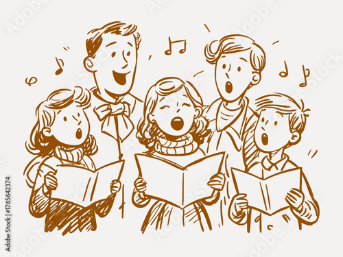 Sketchy ink brown illustration of family singing Christmas songs. Retro festive engraving artwork.