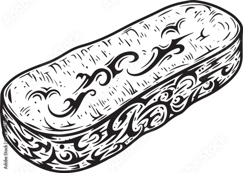 Stylized loofah sponge graphic in black and white with tribal ta