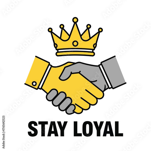 Vector illustration of a golden crown above a handshake between two hands, symbolizing loyalty and partnership