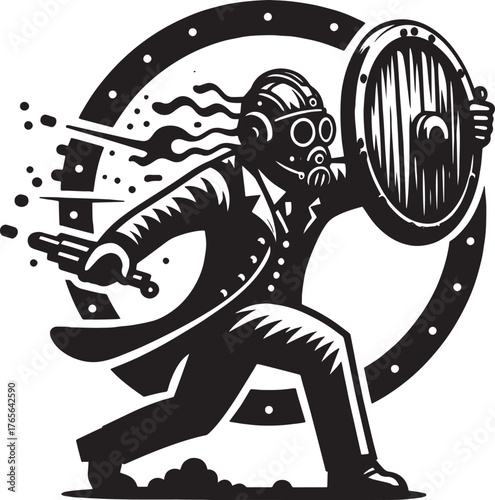 Steampunk Warrior with Shield and Blaster in Action, Vector Illu