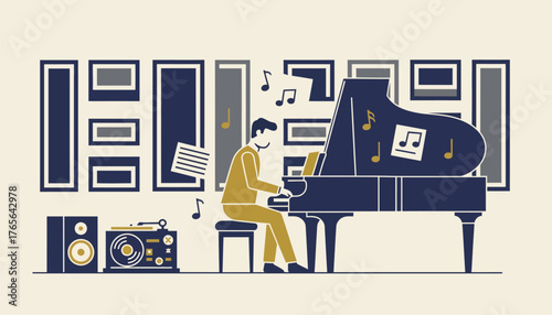 Man musician playing jazz on a grand piano in a cozy studio with vintage record player and speakers, surrounded by floating musical notes and framed artwork