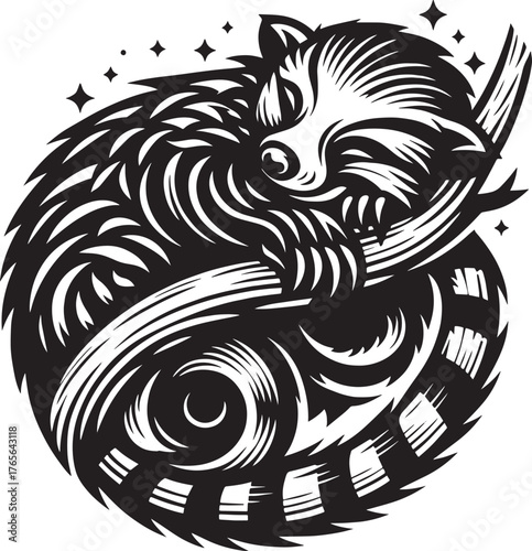 Intricate Black and White Illustration of a Curled Up Raccoon wi