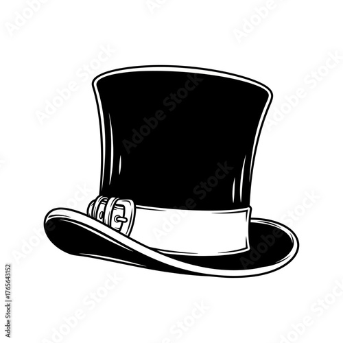 Black and white illustration of a classic top hat with a band and buckle.
