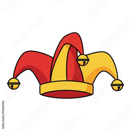 Cartoon jester hat with bells, red and yellow.