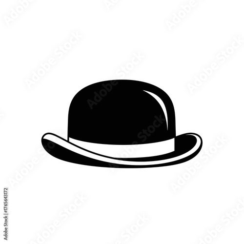 Black bowler hat with white band on a white background.