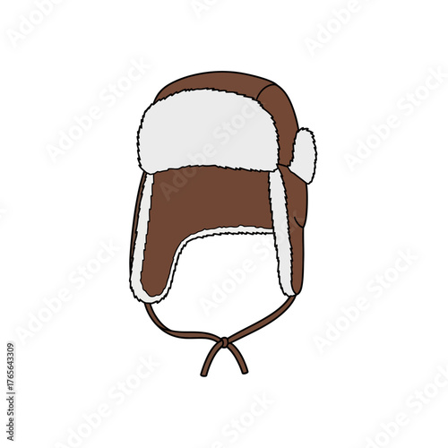 Warm brown winter trapper hat with white faux fur and chin ties.