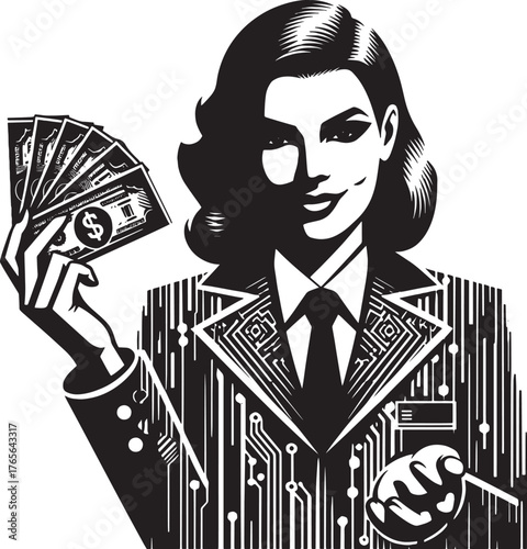 Elegant Woman in Circuit Board Suit Displaying Money, Business a