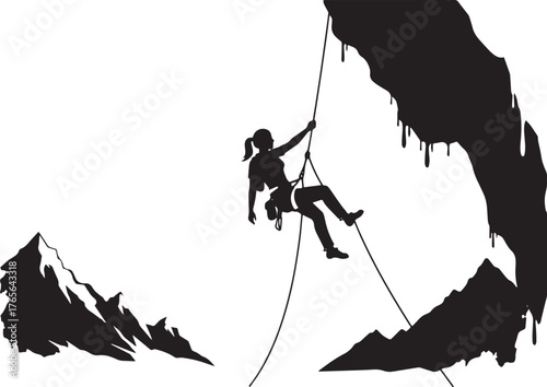 Silhouette of a determined woman scaling a cliff face using rope
