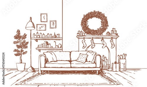 Vintage Christmas interior with cozy sofa, decorated fireplace, stockings, wreath. Hand drawn winter home illustration.