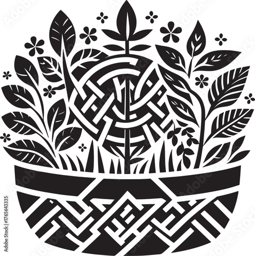 Intricate Black and White Illustration of a Decorative Basket wi