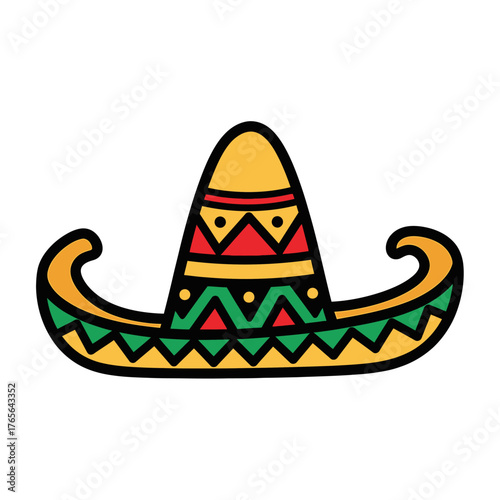 A colorful cartoon illustration of a traditional Mexican sombrero hat with decorative patterns.