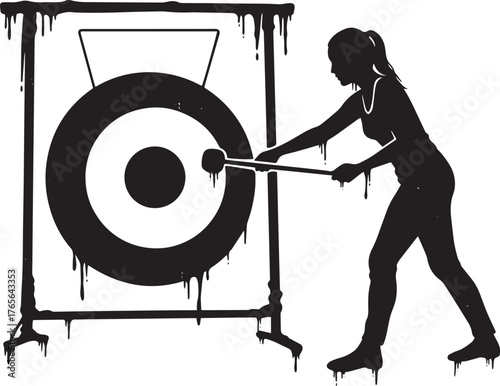 Striking resonance: A woman's silhouette striking a gong with fo