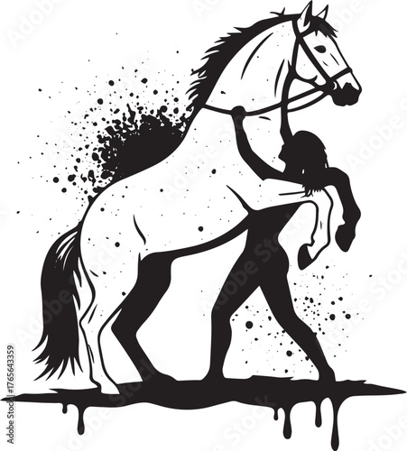 Equestrian strength silhouette: Woman taming a rearing horse wit