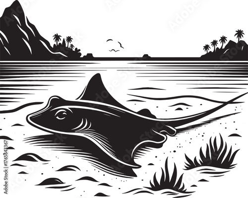 Black and white illustration of a stingray in the ocean near a t