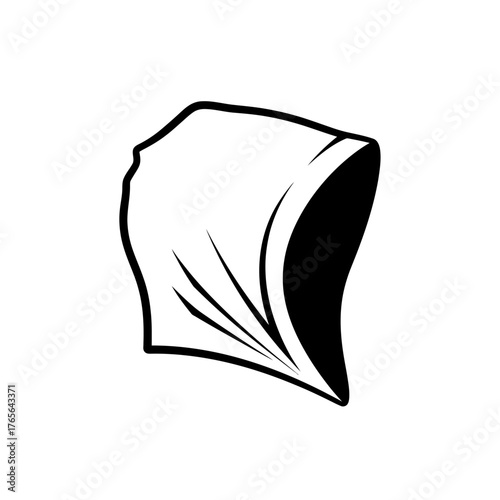 A simple black and white line art illustration of a mysterious hood or cowl isolated on a white background.