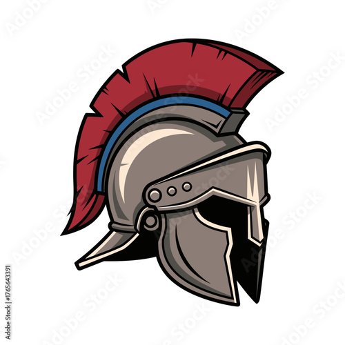 A stylized illustration of a classic Spartan helmet with a red plume and blue trim.