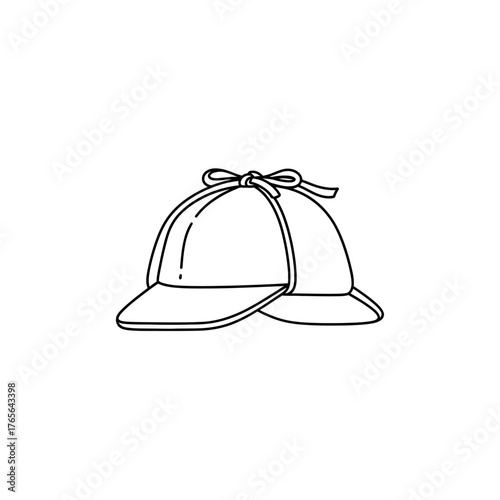 Simple black and white outline illustration of a traditional detective's deerstalker cap, featuring front and back visors and ear flaps tied at the top.