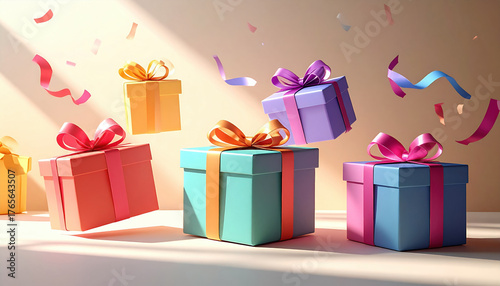 Colorful gift boxes with ribbons float in air, creating festive and joyful atmosphere