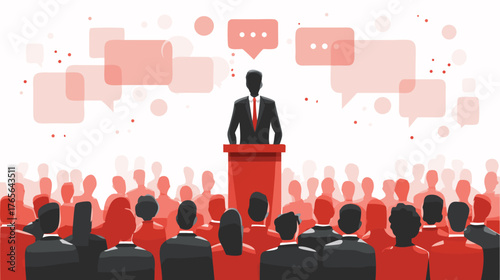 Speaker addressing a large audience illustration. Orator giving a speech, debate, or presentation at a conference or public event with communication bubbles.