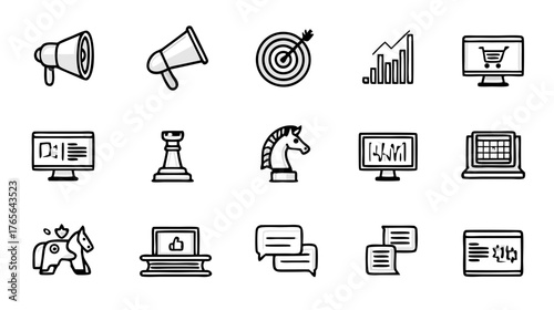 Business and Marketing Line Icons Set. Digital Strategy, E-commerce, Analytics, Communication, and Technology Outline Symbols.