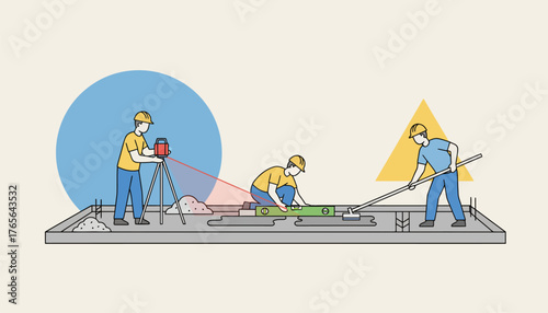 Three construction workers pouring and leveling concrete for a building foundation using laser and spirit levels and a screed board, collaborating on site with hardhats and tools
