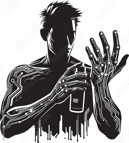 Futuristic cyborg illustration featuring a man with advanced tec