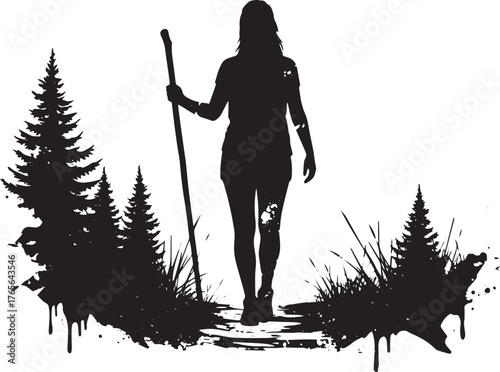 Silhouette of a woman hiking through a forest, using a walking s