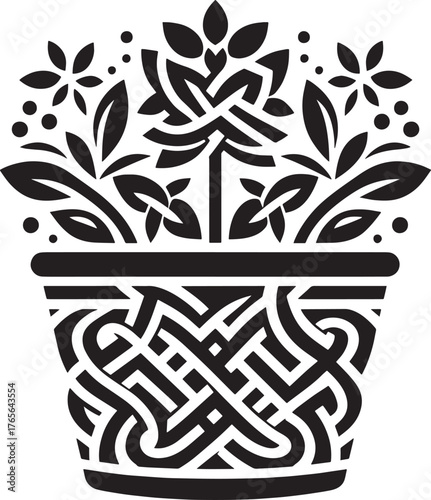 Elegant black and white floral pot design with intricate celtic