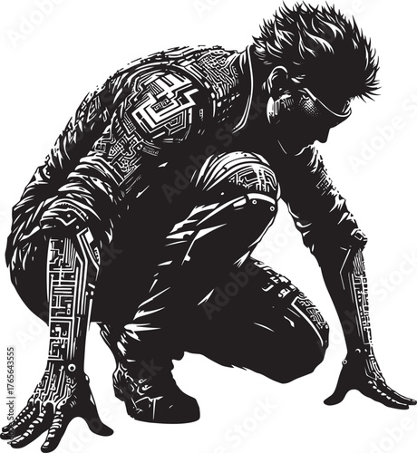 Futuristic Cyberpunk Figure in a Crouching Position with Circuit