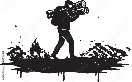 Silhouette of a woodsman carrying logs near a campfire in the fo