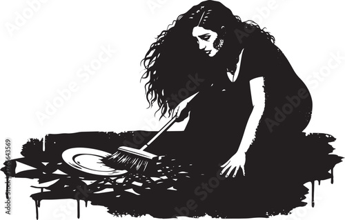 Monochrome illustration of a sorrowful woman sweeping up broken