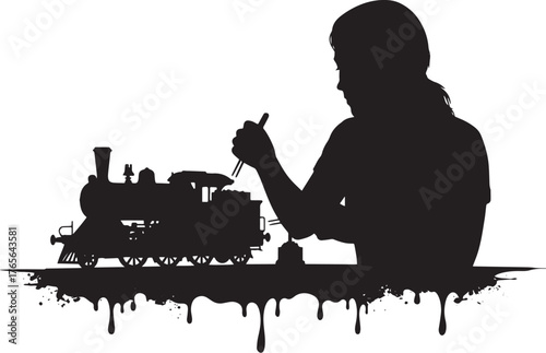 Silhouette of a woman carefully assembling an intricate model tr