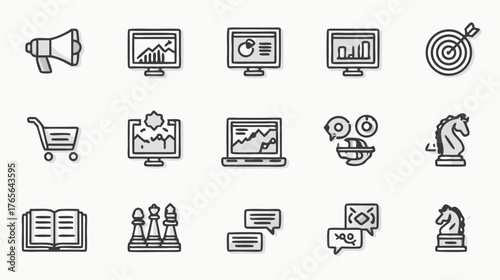 Modern business and marketing vector line icons set including strategy, data analysis, e-commerce, and communication