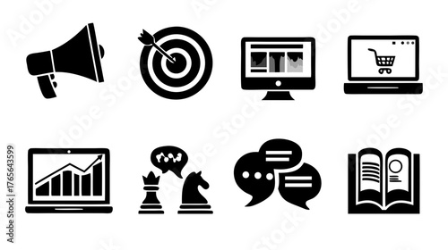 Business and Marketing Digital Strategy Icons Set. Communication, E-commerce, Data Analysis, and Education Vector Silhouettes.