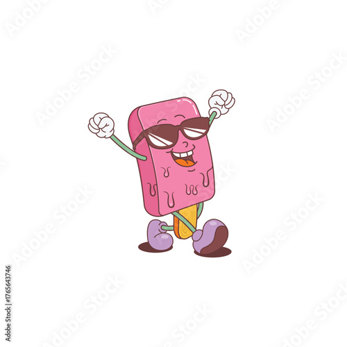Ice cream stick groovy character Fun mascot vector illustration