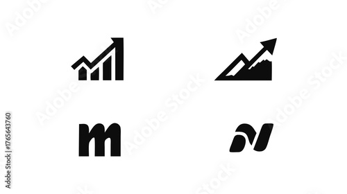 Minimalist vector icon set: upward trending bar chart, rising line graph, and stylized lowercase letters 'm' and 'n'.