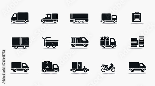 Delivery and Transportation Vehicle Icons Set. Flat vector design for logistics, shipping, cargo, and freight services. Truck, scooter, cart symbols.
