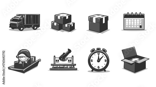 Monochrome vector icon set for logistics, shipping, delivery, and time management. Features truck, packages, calendar, clock, and dispatch symbols.