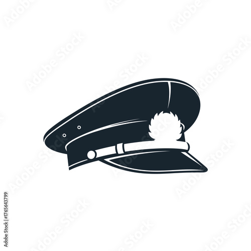 A dark blue peaked cap with a white band and emblem, symbolizing authority and service.
