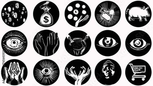 Abstract Black and White Vector Icons Set: Concepts of Finance, Money, Economy, Observation, Giving, and Receiving.
