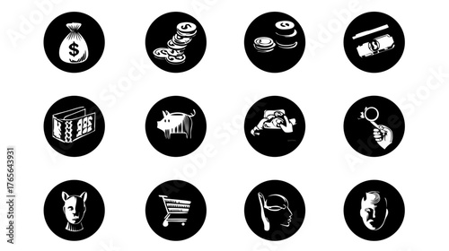 Monochrome vector icon set for finance, money, business, commerce, banking, shopping, and legal concepts.