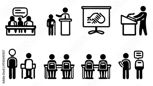 Vector icon set: communication, business meeting, presentation, education, teaching, learning, public speaking, discussion, seminar concepts.