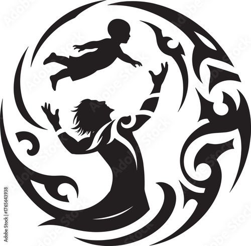 Conceptual illustration of a father reaching for his child in a