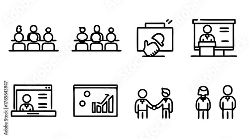 Business Meeting and Presentation Outline Icon Set. Includes Training, Online Learning, Teamwork, Data Analysis, Collaboration, and Audience.