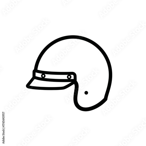 Simple line art illustration of a classic open-face helmet with a short visor, depicting safety gear.